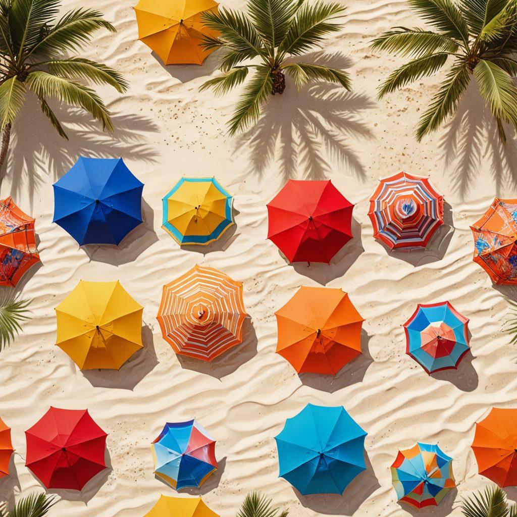A stylish beach scene featuring a diverse group of fashion-forward individuals wearing the latest chic swimwear collections. Highlight vibrant patterns, colors, and unique designs in the swimwear while showcasing playful beach accessories like hats and sunglasses. The background includes soft golden sand, a crystal-clear ocean, and bright blue skies, evoking a lively summer vibe. Include elements like beach umbrellas and palm trees for a tropical feel. vibrant colors. super-realistic.