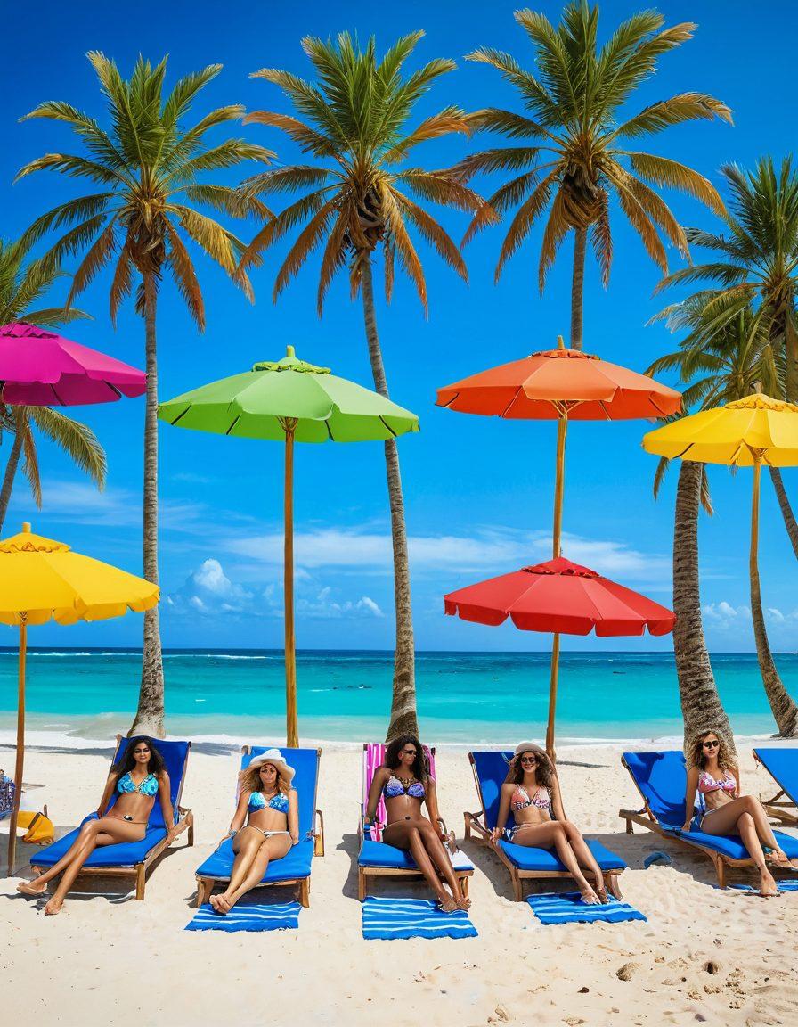 A vivid beach scene showcasing diverse models confidently wearing the latest thong and bikini swimwear, surrounded by colorful beach umbrellas and sun loungers, with crystal-clear waters in the background. Incorporate tropical elements like palm trees and bright summer accessories. Highlight bold patterns and trendy colors in the swimwear. super-realistic. vibrant colors. sunny atmosphere.
